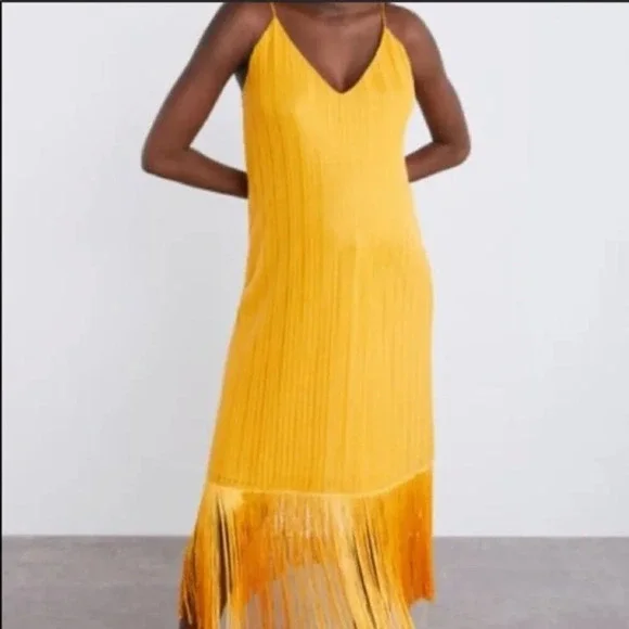 Zara Fringe Hem Midi Dress Marigold  Mustard Yellow Size Small - Picture 2 of 10